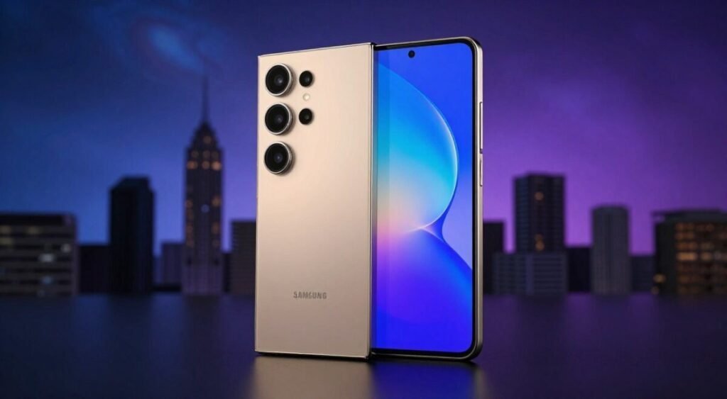 A sleek Samsung Galaxy S25 Ultra is prominently displayed in the foreground, showcasing its curved edges and vibrant AMOLED screen, reflecting sunlight with stunning clarity. The middle ground features a blurred silhouette of a modern cityscape, symbolizing innovation and technology. The background displays a soft gradient of deep blues and purples, reminiscent of a cosmic galaxy, hinting at the phone's advanced capabilities. The lighting is dynamic, with a warm glow highlighting the device, creating a high-tech and aspirational atmosphere. Capture the image from a low angle to emphasize the phone's elegance and cutting-edge design, evoking a sense of luxury and modernity, suitable for showcasing Samsung's flagship model in 2025.