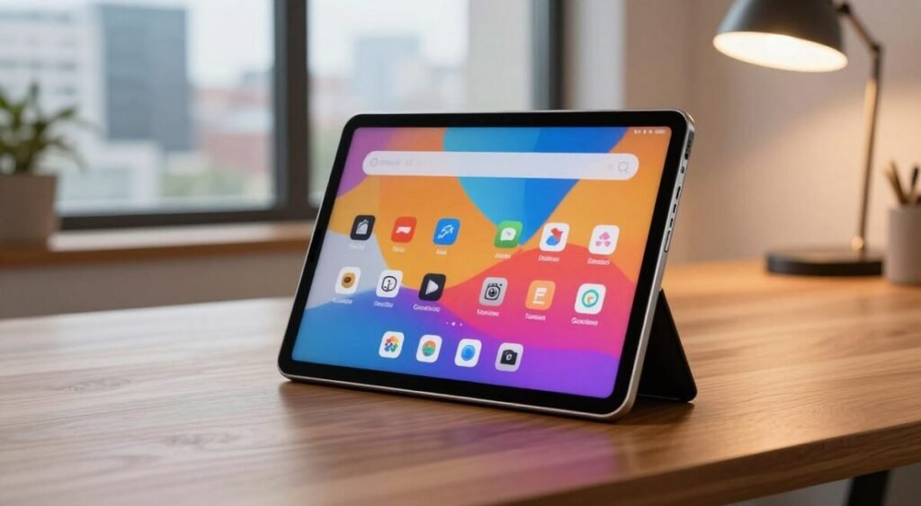 A sleek Samsung Galaxy Tab propped elegantly on a modern wooden desk, displaying a vibrant, colorful home screen with app icons in clear view. The foreground features the tablet in sharp focus, showcasing its refined edges and high-resolution display. In the middle ground, subtle hints of a cozy workspace with a stylish desk lamp gently illuminating the scene, casting warm, inviting light. The background features a blurred urban landscape through a large window, hinting at a dynamic city life. The mood is professional yet approachable, evoking a sense of productivity and modernity. The overall composition emphasizes the Galaxy Tab's sophisticated design and usability in day-to-day life, perfectly suited for tech-savvy individuals.