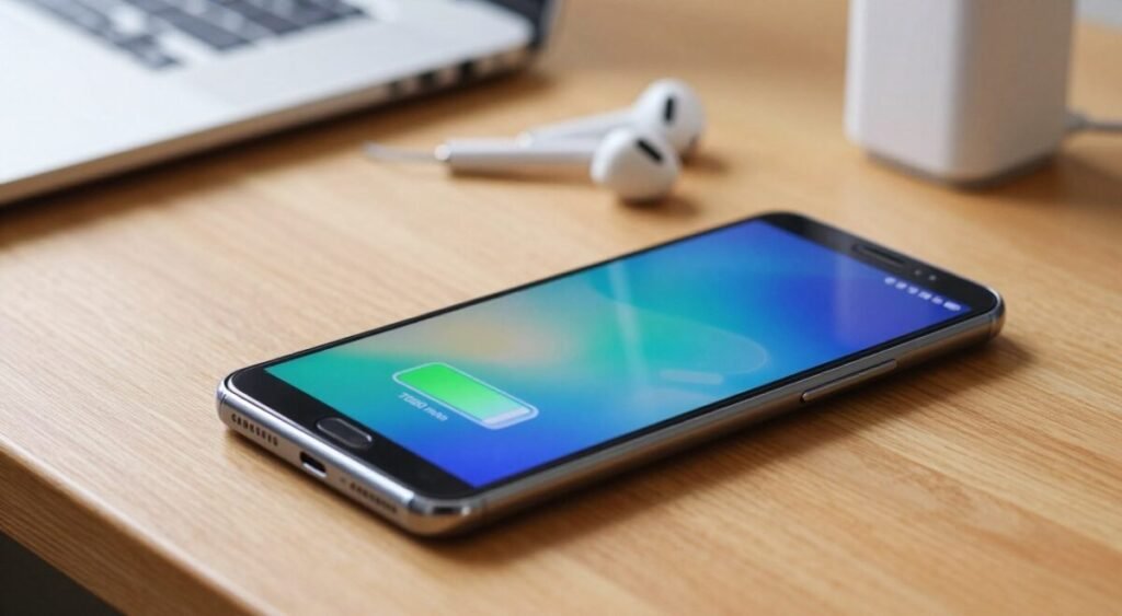 A sleek Samsung Galaxy smartphone with a large, vibrant screen featuring a visually striking battery icon indicating 7000 mAh. The foreground focuses on the phone resting on a modern wooden desk, with a soft, diffused light illuminating the device and casting gentle shadows. In the background, subtle hints of everyday tech accessories, like wireless earbuds and a stylish charger, suggest a tech-savvy lifestyle, all bathed in a warm, inviting atmosphere. Use a shallow depth of field to emphasize the phone, with the surrounding elements softly blurred. Capture this scene from a slightly elevated angle to create a dynamic perspective that highlights the phone's design and features, while maintaining a professional and clean look suitable for an informative piece.