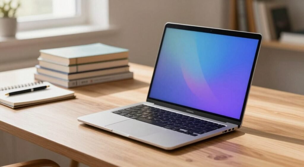 A sleek and modern 15.6-inch laptop sits on a clean wooden desk in a well-lit study area. In the foreground, the laptop is angled slightly towards the viewer, showcasing its thin profile and vibrant display, while the keyboard and trackpad are in focus. In the middle ground, a stack of textbooks and a few stationery items, like pens and a notebook, are scattered around, indicating a study session in progress. The background features soft, warm lighting from a nearby window, casting gentle shadows and creating an inviting atmosphere. The scene conveys a sense of productivity and focus, ideal for a student’s study environment.