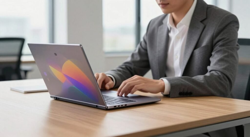 A sleek and modern Samsung Galaxy Book 4 laptop sits elegantly on a minimalist wooden desk, emphasizing its slim and lightweight design. The foreground features the open laptop with its vibrant display showcasing a colorful interface, highlighting its versatility for professionals on the go. In the middle ground, a stylish business professional, dressed in smart casual attire, is engaged in work while seated beside the laptop, exuding a sense of productivity and mobility. The background is softly blurred, revealing a contemporary office space with large windows allowing natural light to flood in, creating an inviting and focused atmosphere. The overall mood is innovative and inspiring, ideal for showcasing cutting-edge technology for maximum mobility.