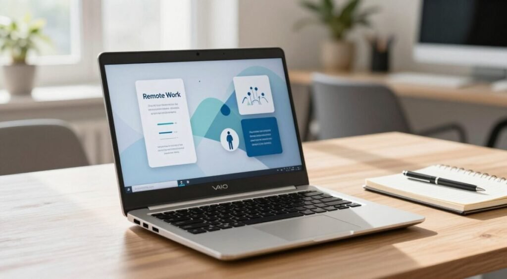 A sleek and modern VAIO FE15 laptop positioned prominently in the foreground, showcasing its elegant design and high-resolution screen. On the screen, display an abstract infographic related to remote work, indicating its use for professionals. The laptop is set on a clean wooden desk with a stylish notepad and a pen, subtly hinting at a working environment. In the middle ground, a positive energy is conveyed through soft, natural lighting coming from a window, casting gentle shadows. In the background, blur in soft focus elements like a plant and an organized workspace to create a professional atmosphere. The overall mood is bright and inspiring, emphasizing productivity and technology for remote work success.