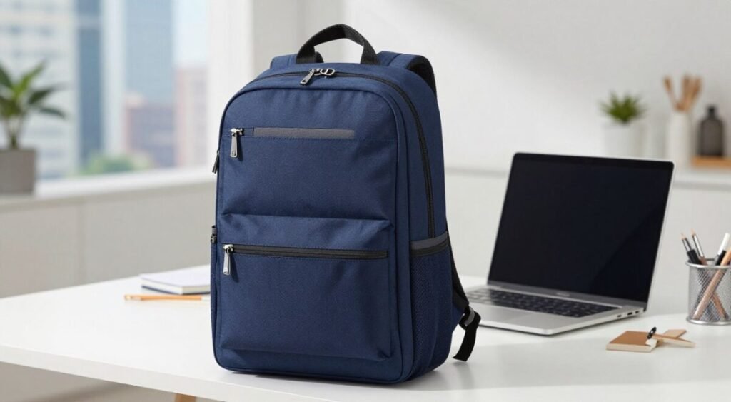 A sleek and stylish laptop backpack, prominently displayed in the foreground, featuring multiple compartments and a modern design. The backpack's material appears durable and weather-resistant, showcasing a deep navy blue color with subtle accents in gray. In the middle ground, a well-organized desk is partially visible, adorned with a stylish laptop and stationery items, emphasizing a productive workspace atmosphere. The background includes blurred elements of an urban setting, hinting at a bustling city life, evoking the ideal environment for daily commuting. The lighting is bright yet soft, emulating a natural daylit atmosphere, with a focal depth that draws attention to the backpack's features. The overall mood is polished and professional, suitable for anyone seeking the perfect laptop bag for daily use.
