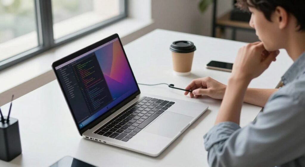 A sleek, lightweight laptop sits prominently on a stylish, modern desk, symbolizing portability for programmers on the go. In the foreground, the laptop's open screen displays vibrant coding interfaces. On the middle ground, a well-organized workspace features minimal clutter, strategically placed a coffee cup and a portable charger, enhancing the theme of mobility. The background suggests an office environment with bright natural light streaming through a large window, giving a sense of openness and creativity. A programmer, dressed in smart casual attire, appears thoughtfully engaged with the laptop, radiating focus and productivity. The overall mood is inspiring and dynamic, evoking a sense of innovation and efficiency in a mobile lifestyle. The composition is shot with a slight top-down angle, capturing both the laptop and the workspace in perfect detail.