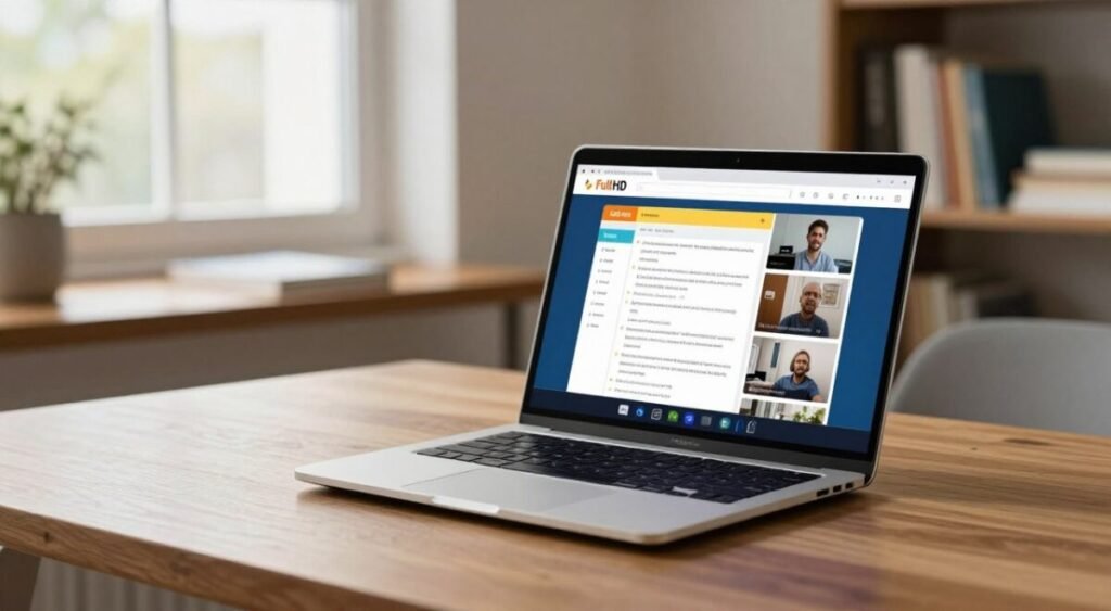 A sleek, modern 15.6-inch laptop screen displays vibrant Full HD resolution visuals, set on a polished wooden desk with a minimalist design. The foreground features the laptop angled slightly towards the viewer, showcasing a sharp, clear display filled with colorful study materials and video content. The middle ground includes a cozy workspace with soft, diffused natural light streaming through a nearby window, creating a warm atmosphere. In the background, a blurred bookshelf filled with books complements the study environment. The angle captures the essence of comfort and productivity, encouraging a sense of focus and inspiration. The image conveys a professional yet inviting mood, perfect for studying, working, and enjoying multimedia content. No text or branding is present, ensuring a clean, illustrative representation.