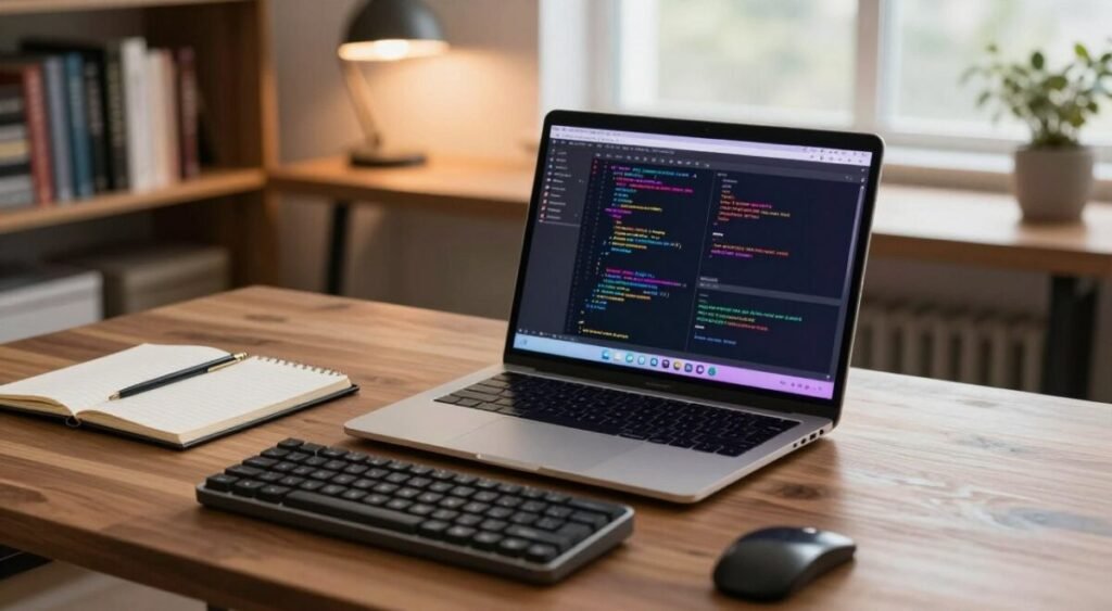 A sleek, modern laptop positioned prominently on a stylish wooden desk, surrounded by a notepad and a high-quality mechanical keyboard. The laptop’s screen displays complex programming code in vibrant colors, with an elegant and minimalist user interface. In the background, a soft-focus view of a well-organized workspace with bookshelves filled with technical books and a desk lamp emitting a warm, inviting light. The scene is shot from a slightly elevated angle to capture both the laptop and the workspace's atmosphere. The overall mood is one of productivity and creativity, ideal for programming, with natural light filtering through a nearby window, enhancing the focus on the tech setup.