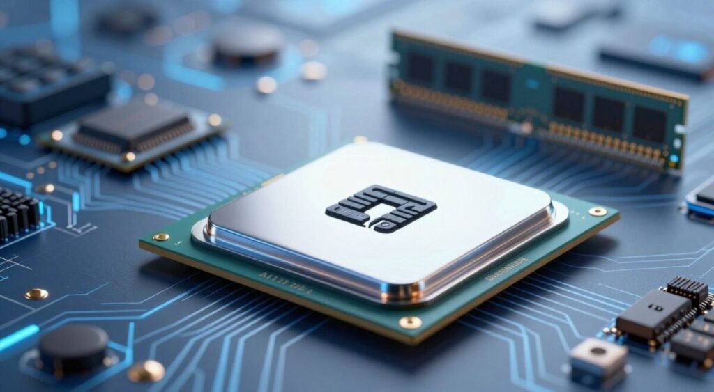 A sleek, modern quad-core processor rendered in intricate detail, positioned in the foreground against a softly blurred abstract background representing technology and innovation. The processor should be highlighted with glossy surfaces reflecting soft white light, showcasing its metallic contours and engraved specifications. In the middle ground, include circuit board elements and RAM modules to emphasize performance capabilities, further hinting at tech performance. The lighting should create a high-tech atmosphere with a cool blue tone, evoking a sense of advanced technology. Capture the image from a slightly elevated angle, offering a dynamic perspective that highlights the processor's features, while ensuring the overall mood is informative and professional, suitable for an article about children's tablets.