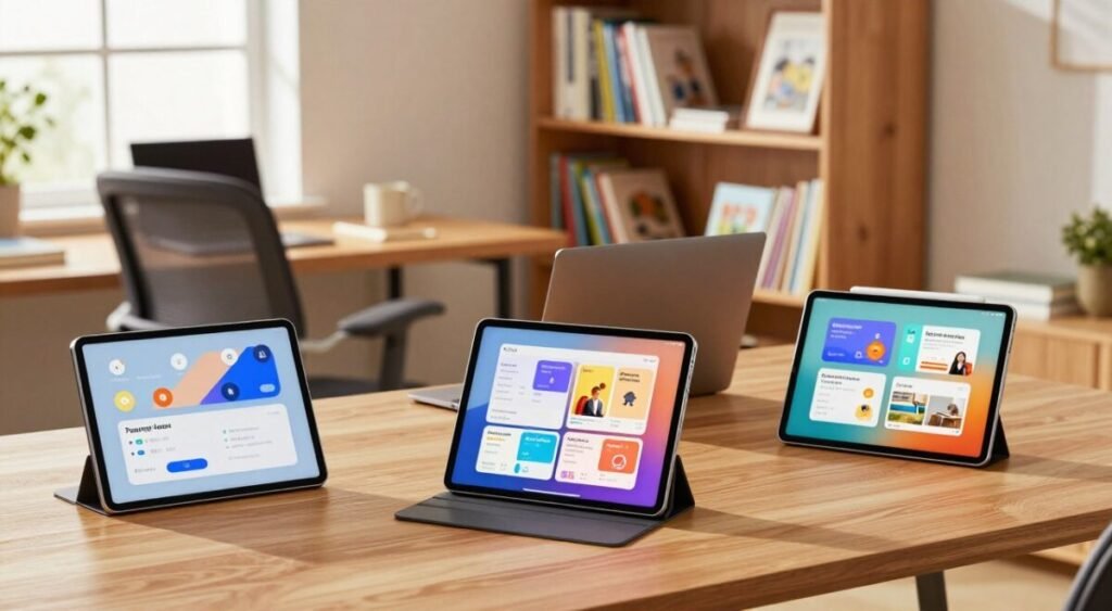 A sleek, modern study space featuring a selection of the best tablets for students. In the foreground, a stylish wooden desk displays three high-performance tablets with vibrant screens, showcasing educational apps and digital books. In the middle ground, a comfortable, ergonomic chair and an open laptop suggest an inviting learning environment. The background features a well-organized bookshelf filled with educational materials and a cozy window with natural light streaming in, creating an inspiring atmosphere. Soft, warm lighting enhances the scene, emphasizing the focus on technology and study. The mood is productive and encouraging, perfect for a student’s study session.