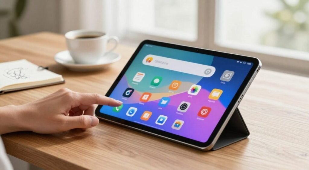 A sleek modern tablet resting on a stylish wooden desk, showcasing its vibrant screen displaying colorful apps and graphics. In the foreground, a hand interacts with the touch screen, highlighting user-friendly features. The middle ground features an elegant coffee cup and a notepad with scribbles, symbolizing productivity. In the background, large windows illuminate the scene with soft, natural light, casting gentle shadows and creating a warm atmosphere. The image captures the essence of affordability and utility, presenting the tablet as a perfect balance between price and performance. The composition should feel professional and inviting, with a focus on modern technology without any distractions like text overlays or watermarks.