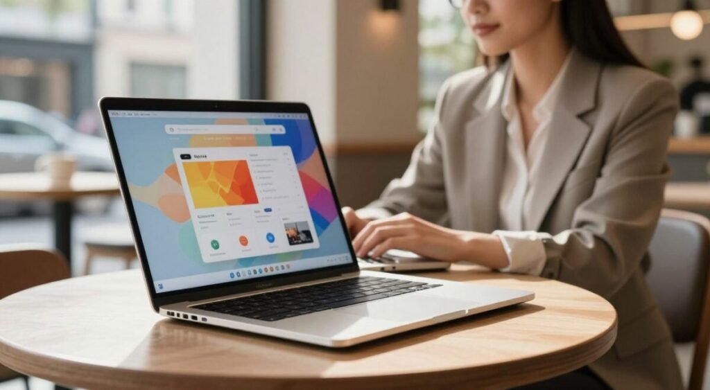 A sleek, modern ultrabook laptop showcased prominently in the foreground, open to display its vibrant screen filled with productivity apps. The device is crafted from lightweight aluminum with a brushed metallic finish, highlighting its premium design. In the middle ground, a stylish professional—dressed in smart casual attire—sits at a small café table, effortlessly working on the laptop, exuding a vibe of productivity and mobility. The background features a bright, airy urban café with large windows allowing natural light to flood in, casting gentle shadows and creating an inviting atmosphere. Use a soft focus on the background while keeping the laptop and professional crisp for detail. Aim for a warm, inspiring mood that emphasizes the concept of portability and efficiency in a contemporary lifestyle.