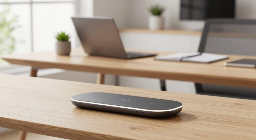 A sleek modern workspace featuring an aesthetically pleasing wireless charger as the central focus. In the foreground, the charger is elegantly designed with smooth curves and a matte finish, illuminated by soft LED lights. The middle layer includes a minimalistic wooden desk adorned with a stylish laptop and a small potted succulent, creating a harmonious balance of technology and nature. The background showcases a softly lit room with large windows, allowing natural light to filter in, enhancing the atmosphere of sophistication and tranquility. The overall mood is serene and inviting, perfect for a work environment that combines modern design with ergonomic comfort. Capture this scene in a bright, well-lit angle using a wide lens to emphasize the spaciousness of the workspace.