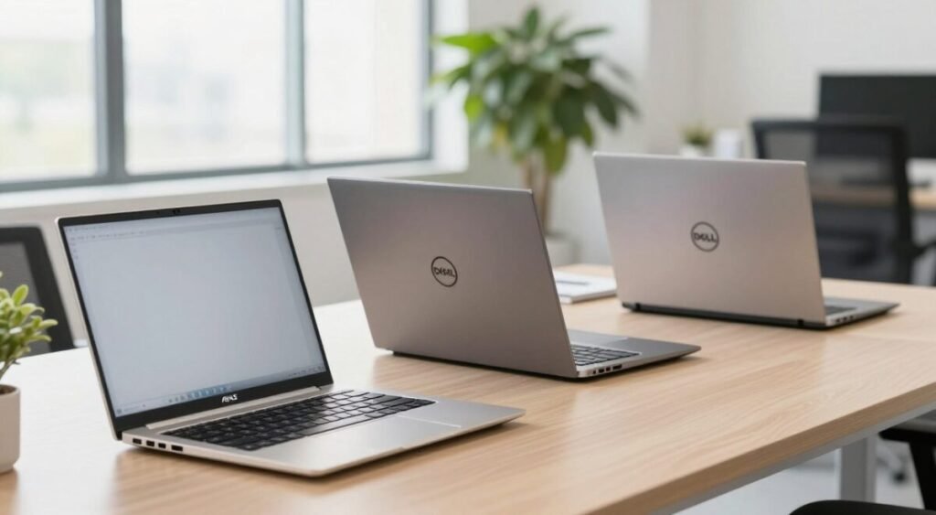 A sleek, modern workspace featuring three lightweight yet powerful laptops from ASUS, Lenovo, and Dell. In the foreground, showcase the ASUS laptop with a slim profile, illuminated by soft natural light. The middle ground includes the Lenovo laptop, known for its ergonomic design, angled slightly towards the viewer. The Dell laptop sits in the background, exuding a professional look with its sophisticated finish. The setting should be a bright, airy office with large windows, accentuated by a few green plants for a refreshing touch. The atmosphere is bright and inviting, conveying productivity and innovation, with a shallow depth of field to emphasize the laptops.
