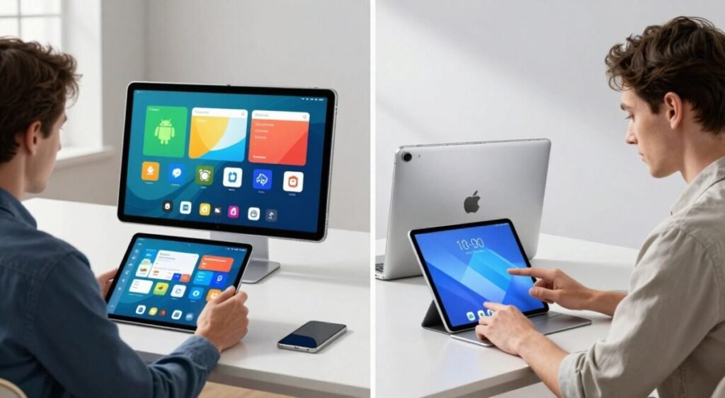 A split-screen image showcasing the pros and cons of Android tablets and iPads. On the left, a modern Android tablet displaying colorful apps and features, highlighting customization options and affordability. In the foreground, a professional in business attire sits at a sleek desk examining the tablet, conveying focus and engagement. On the right, a premium iPad set against a minimalist background, featuring its seamless design and ecosystem integration. A professional with a casual yet polished appearance interacts with the iPad, showcasing its user-friendly interface and productivity features. Soft, natural lighting from a nearby window creates an inviting atmosphere. The composition balances both devices harmoniously, allowing viewers to contemplate their choices based on visual cues.