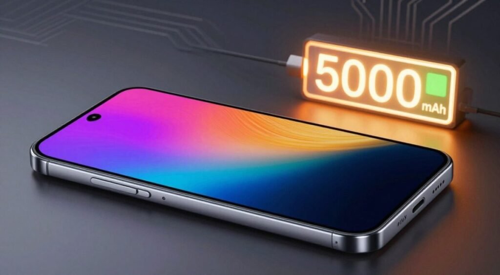A vibrant AMOLED screen displaying vivid colors and deep blacks dominates the foreground, showcasing a futuristic smartphone design with sleek, rounded edges. The device is angled slightly to highlight the intricate details of its screen resolution and dynamic display capabilities. In the middle ground, a digital battery meter glows warmly, indicating a strong charge with a capacity of 5000 mAh. Soft, diffused lighting illuminates the scene, creating an inviting atmosphere. The background features subtle hints of technology, like circuit patterns, to evoke a sense of advanced performance. The overall mood is one of innovation and efficiency, capturing the essence of prolonged smartphone usage over two days without the need for recharging. The scene is devoid of any text or branding elements.