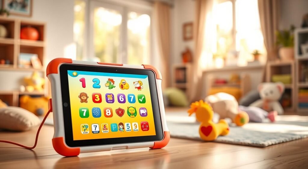 A vibrant and colorful children's educational tablet placed prominently in the foreground, showcasing a bright, child-friendly interface filled with interactive learning apps featuring numbers, letters, and animated characters. In the middle ground, a cozy playroom setting with soft toys and books, reflecting a nurturing learning environment. In the background, a sunny window allowing warm natural light to filter in, casting soft shadows that enhance the playful atmosphere. The tablet screen should be illuminated, drawing the viewer's attention, and suggesting engagement and joy. The scene conveys a cheerful mood, emphasizing creativity and education in a safe, welcoming space for kids to learn and explore.