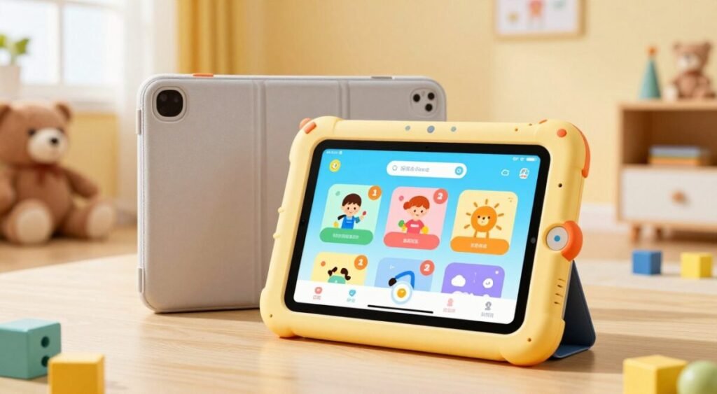 A vibrant and colorful illustration showcasing a child-friendly tablet screen, prominently displayed in the foreground. The tablet features a touch interface adorned with playful, cartoonish icons and educational apps designed for young learners. In the middle ground, a soft, cushioned tablet case can be seen, emphasizing protection and ergonomics, ideal for little hands. The background is a cozy and inviting playroom filled with playful elements like stuffed animals, building blocks, and bright wall colors. Soft, natural lighting filters through a window, creating a warm and cheerful atmosphere, inviting children to explore the tablet safely. The composition focuses on a sense of fun and security for young users, perfectly encapsulating the essence of child-friendly technology.