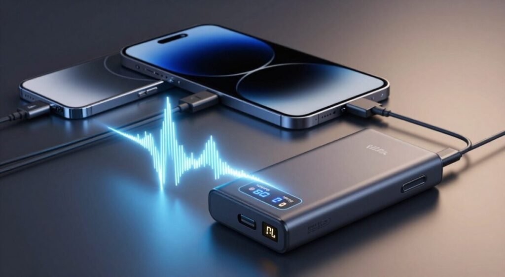 A visually striking composition that illustrates the concept of battery capacity (mAh) and power (W). In the foreground, showcase a modern power bank with a digital display indicating different mAh ratings. Include a bright, glowing waveform graph to symbolize energy flow and efficiency. The middle layer can depict various electronic devices, such as smartphones and tablets, connected to the power bank via sleek charging cables. In the background, create a subtle gradient to represent a high-tech environment, with soft, focused lighting highlighting the main subjects. Use a slightly lower angle to emphasize the power bank and devices, giving a sense of innovation and modernity. The overall mood should be dynamic and informative, embodying technology and practicality.