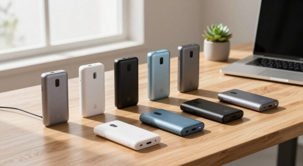 A visually striking image showcasing various portable chargers organized by category. In the foreground, display a range of sleek and modern portable chargers, highlighting distinctions such as size, shape, and capacity, with some chargers featuring LED indicators. In the middle, arrange these chargers on a stylish wooden desk, illuminated by soft, natural light filtering through a large window, casting gentle shadows. In the background, include a minimalistic workspace with a laptop and a potted succulent to add a touch of tranquility. The atmosphere is professional and inviting, emphasizing the practicality of choosing the right portable charger. Ensure the composition is clean and uncluttered, drawing the viewer's attention to the chargers themselves without any text or distractions.