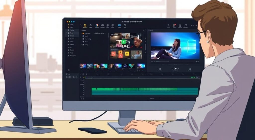 Gerar imagem do Filmora com a opção de cancelamento de ruído com IA destacada