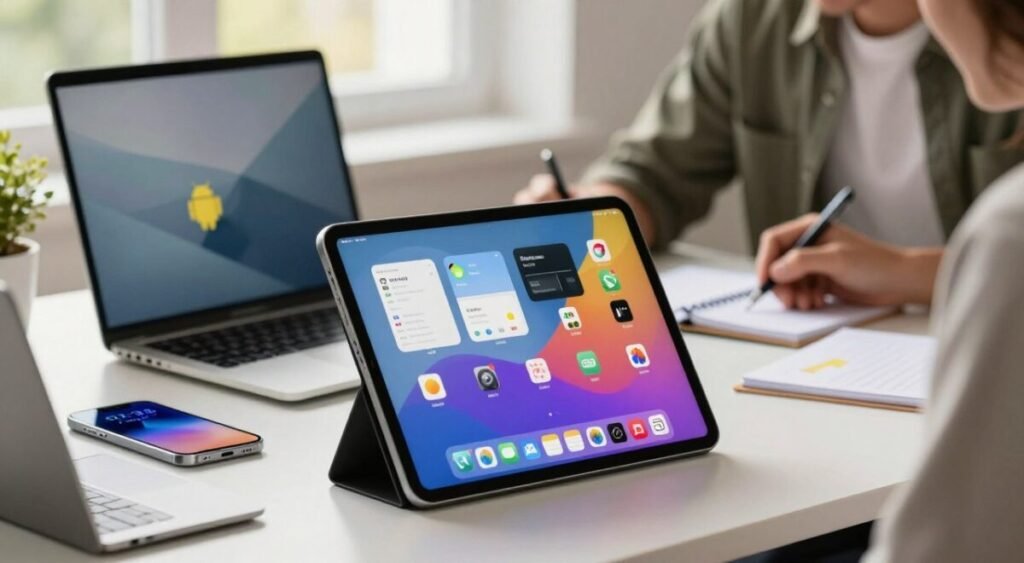 A captivating digital workspace showcasing the contrast between Android and iPadOS ecosystems on a sleek tablet. In the foreground, a modern tablet sits atop a minimalist desk, displaying vibrant application icons that represent productivity and creativity tools. The middle ground features a blurred laptop and a smartphone, emphasizing the interconnectedness of devices in the ecosystem. The background is softly lit with natural sunlight filtering through a window, enhancing the inviting atmosphere. A person in smart casual attire is engaged in creative work, surrounded by tech gadgets and notes, symbolizing an innovative workspace. The overall mood is dynamic and inspiring, illustrating a harmonious blend of technology and productivity.