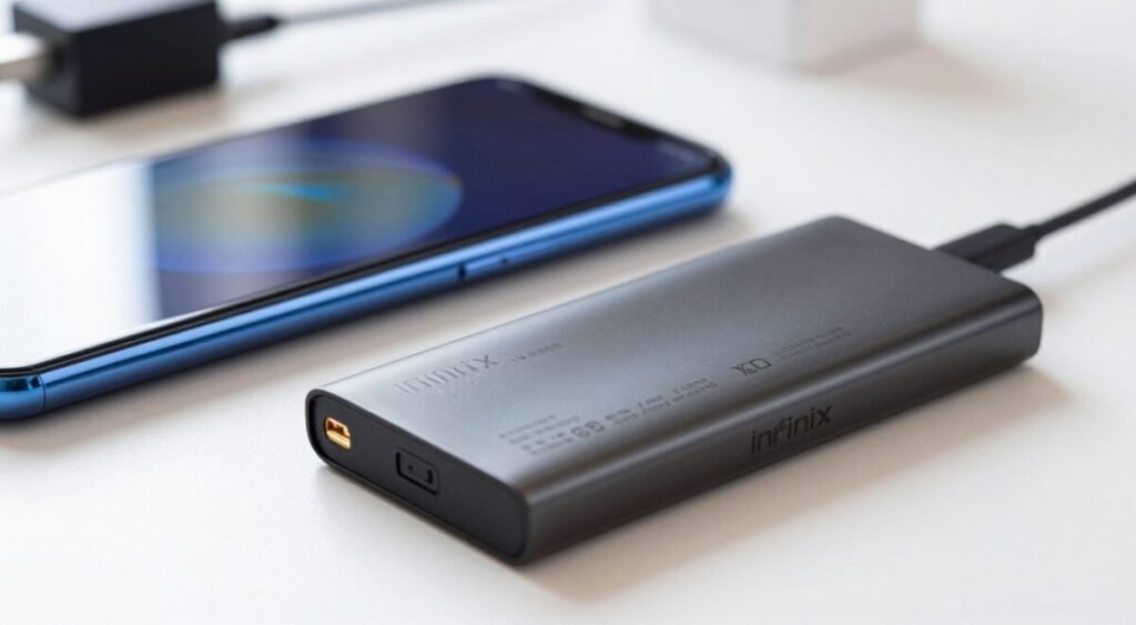 A close-up shot of an Infinix smartphone battery, showcasing its sleek design and branding. The foreground features the battery prominently, with clear details of its specifications and connections. In the middle ground, a blurred Infinix smartphone partially visible, emphasizing the battery's role in the device's performance. The background includes a soft-focus, well-lit workspace with subtle hints of tech paraphernalia like chargers and cables to create a relatable atmosphere. The lighting should be bright yet soft, highlighting the battery's glossy finish. Capture the image from a slightly elevated angle to provide depth and context, evoking a sense of innovation and reliability.