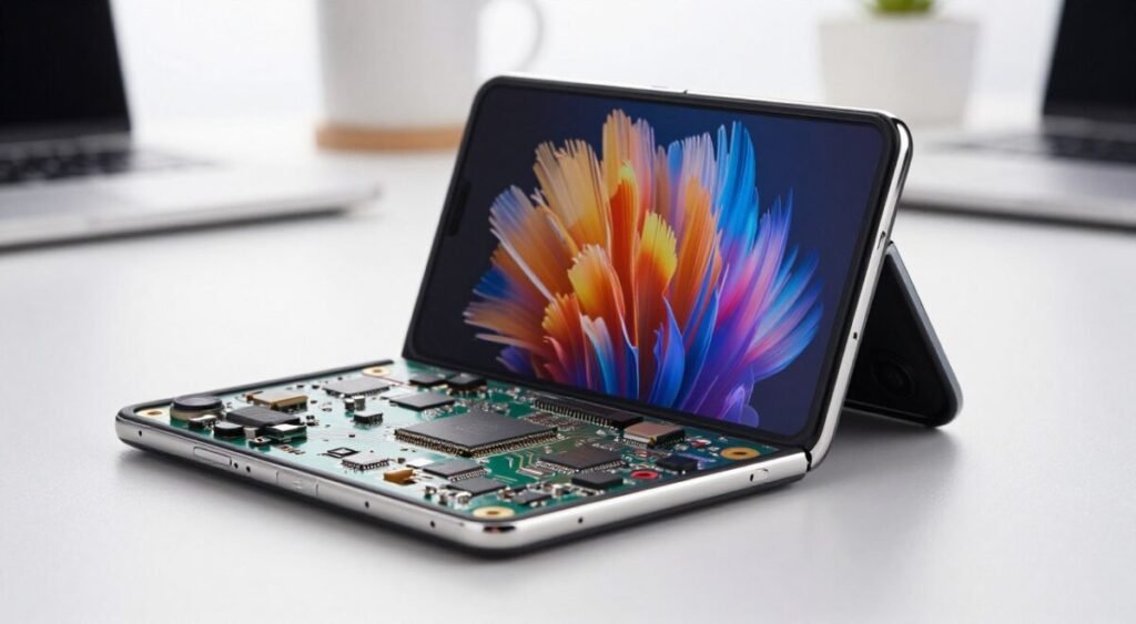 A close-up view of a high-tech foldable smartphone showcasing its advanced processor and hardware architecture. In the foreground, display the intricately designed motherboard with visible microchips and circuitry, emphasizing the foldable design. The mid-ground should feature a partially open smartphone, highlighting its flexible AMOLED display with vibrant colors and clarity. The background is a sleek, modern workspace with a soft-focus effect, utilizing natural lighting that creates a bright and innovative atmosphere. Use a shallow depth of field to accentuate the phone and the hardware components, giving the impression of cutting-edge technology. The overall mood should reflect sophistication and modernity, suitable for an article about high-performance foldable phones.