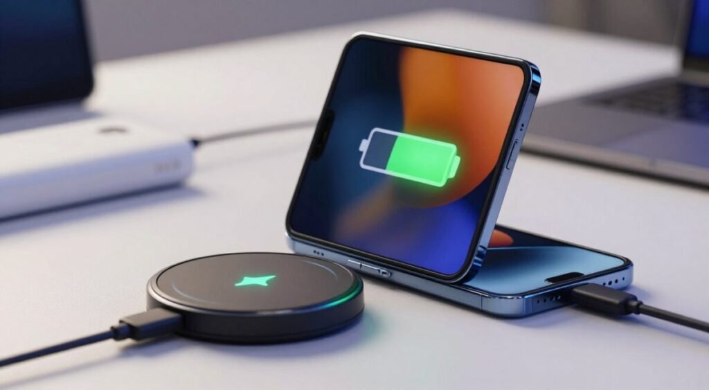 A close-up view of a sleek, modern smartphone displaying a battery charging icon on its vibrant foldable screen. In the foreground, a stylish wireless charging pad glows softly, indicating active charging. The smartphone is set against a softly blurred background of a well-lit tech workspace, with hints of gadgets such as power banks and charging cables. The lighting is soft and ambient, casting gentle shadows, and a wide-angle lens captures the details of the charging technology. The atmosphere conveys innovation and energy, reflecting advanced battery technology and modern design.
