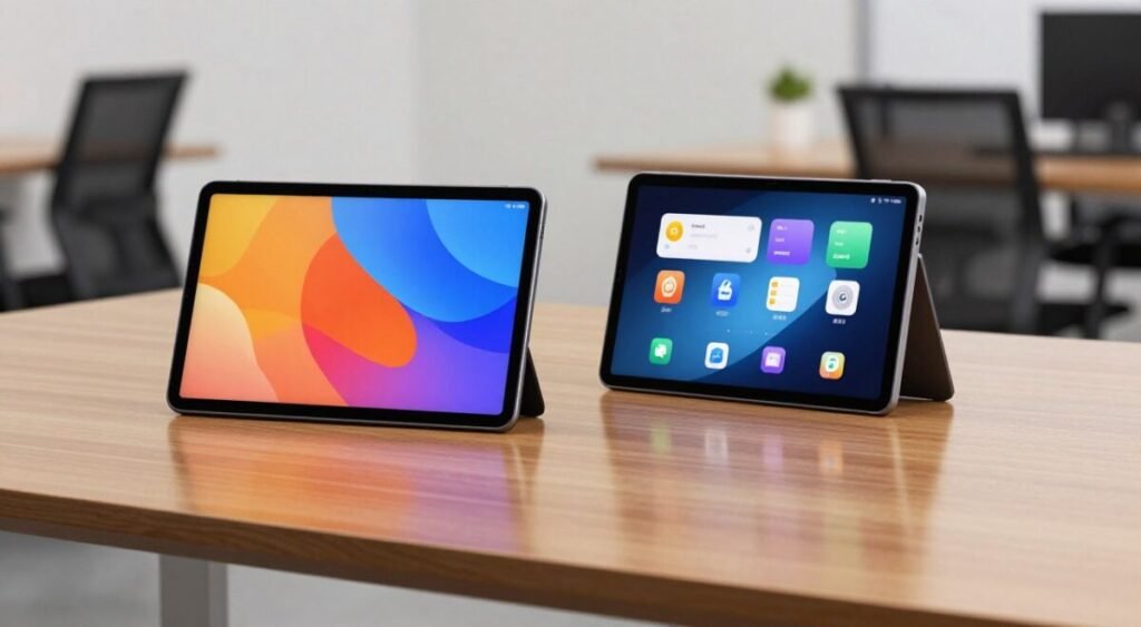 A comparison of two tablets side by side on a sleek, modern wooden desk. The foreground features the Xiaomi Redmi Pad 2 on the left, displaying its vibrant screen with vivid colors, while the competing tablet is on the right, showcasing its interface. The middle ground includes subtle reflections of both devices in a nearby glass surface. The background is softly blurred with an office setting, hinting at a professional environment with a minimalist aesthetic. Soft, diffused lighting illuminates the scene, creating a balanced and inviting atmosphere. Use a wide-angle lens to capture the symmetry of the tablets and emphasize their features, ensuring the colors and textures are prominent.