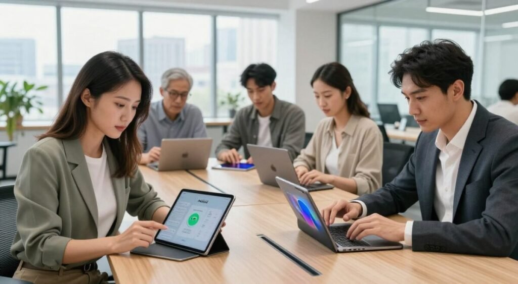 A dynamic scene showcasing a diverse group of users engaging with technology in a modern, well-lit workspace. In the foreground, a professional woman in smart casual attire is intensely focused on her sleek Android tablet, while a man in business attire calmly types on his iPad, comparing features. In the middle ground, additional users, including a young adult and an older individual, are collaboratively discussing their devices, surrounded by tablets and laptops. The background features a bright, open office with large windows revealing a cityscape, infused with natural light. The atmosphere is one of innovation, curiosity, and informed decision-making, highlighting the distinct experience of choosing between Android and iPadOS in 2026. The image should be captured with a wide-angle lens to emphasize the collaboration.