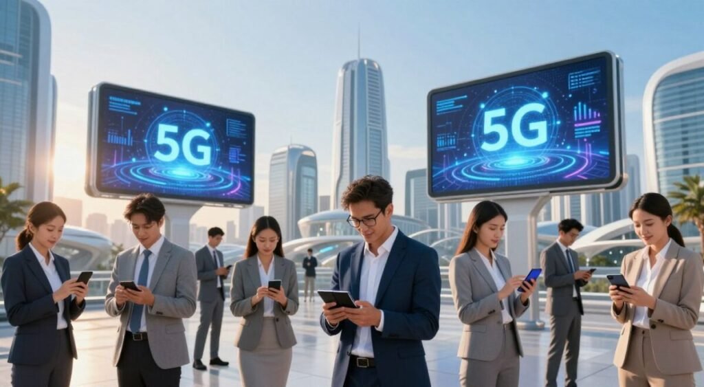 A futuristic mobile technology scene set in a bright, modern urban environment. In the foreground, a diverse group of professionals, dressed in smart business attire, are engaged with various advanced mobile devices, such as sleek smartphones and innovative foldable screens. The middle ground features digital billboards displaying 5G and quantum technology motifs, with holographic displays showcasing connectivity and data flow. The background reveals a skyline of futuristic buildings, emphasizing glass and metal architecture, under a clear blue sky illuminated by the golden glow of sunset. Soft, warm lighting enhances the atmosphere, creating a sense of optimism and innovation. The image captures the energy of technological advancement, symbolizing the future of mobile technology by 2026.