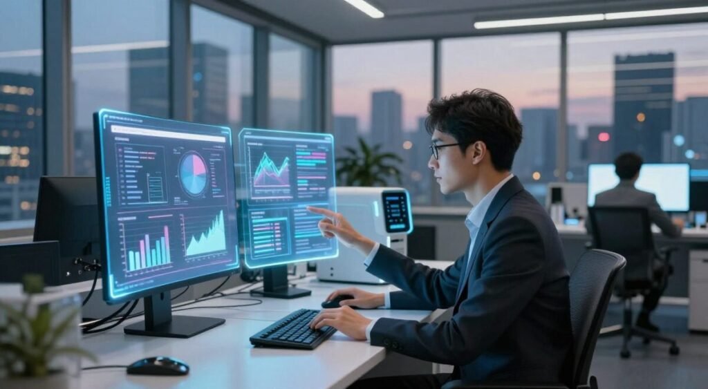 A futuristic office environment showcasing an artificial intelligence assistant, generating content on multiple screens. In the foreground, a professional businessperson, dressed in smart attire, collaborates with the AI, which is represented as a holographic interface displaying graphs and text. In the middle ground, sleek, modern workstations are visible with advanced technology, emphasizing automation and innovation. The background features large windows revealing a bustling city skyline in a twilight setting, with soft, ambient lighting highlighting the scene. The mood is energetic and forward-looking, showcasing the integration of AI into business processes and the potential for enhanced productivity and efficiency.