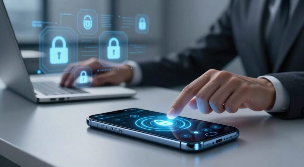 A futuristic smartphone laying on a sleek, modern desk, with a glowing biometric sensor prominently displayed on its screen. In the foreground, a professional in business attire carefully interacts with the device, their fingers poised above the biometric scanner, which is emitting a soft blue light. The middle ground features a blurred array of high-tech gadgets and data privacy symbols, suggesting a seamless integration of technology and security. The background subtly transitions into a digital interface filled with abstract representations of privacy locks and data protection imagery, bathed in cool, ambient lighting that conveys a sense of innovation and security. The overall atmosphere is one of advanced technology and trust in biometrics, emphasizing the importance of privacy in the digital age.