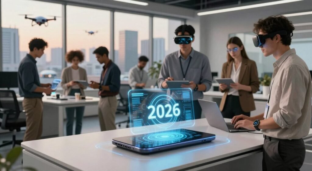 A futuristic workspace showcasing innovative technology trends in 2026. In the foreground, a sleek, high-tech gadget with a holographic interface is displayed prominently on a smart desk. In the middle ground, a diverse group of professionals dressed in smart casual attire collaborate, interacting with advanced tech accessories like augmented reality glasses and smartwatch interfaces. The background features a modern city skyline visible through large windows, with drones and autonomous vehicles moving in the distance. Soft, ambient lighting enhances the scene, creating a warm yet high-tech atmosphere. The image captures a sense of innovation and collaboration, embodying the evolution of gadgets in a professional setting, taken from a slightly elevated angle to provide depth.