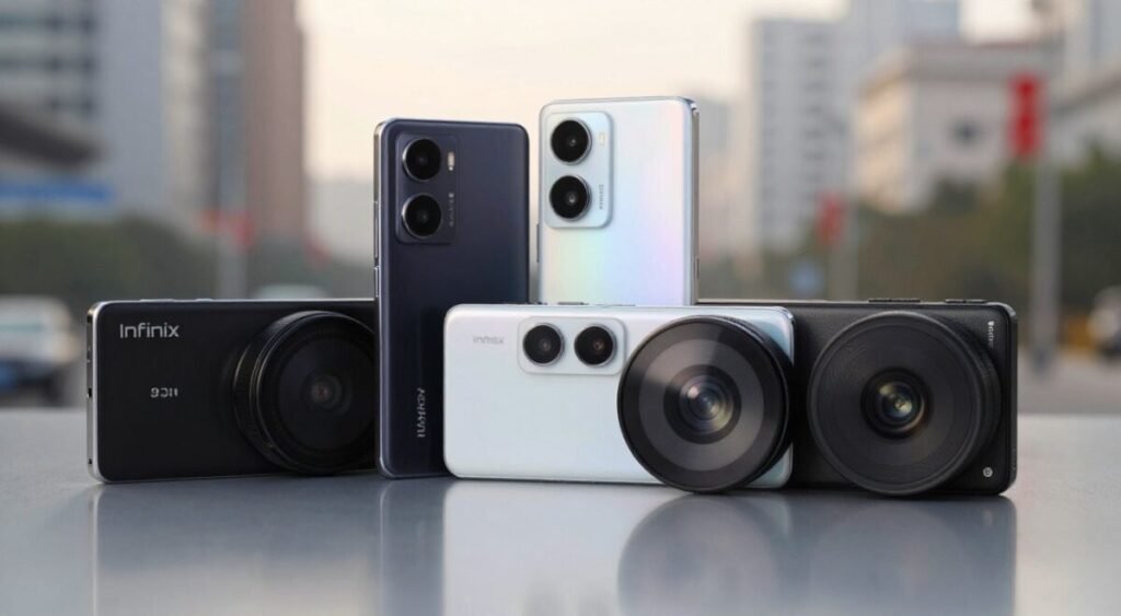 A high-resolution image of Infinix smartphone cameras arranged artistically on a sleek, reflective surface, showcasing the different camera modules with intricate details. In the foreground, focus on the lenses, capturing their reflective surfaces and intricate designs, with subtle highlights from soft lighting that creates a modern, tech-savvy ambiance. In the middle ground, display the smartphones slightly angled to reveal their designs and brand logos, with a backdrop of an soft-focus urban setting, suggesting photography versatility. Soft natural light filters through, creating a warm, inviting atmosphere, emphasizing quality and innovation in mobile photography. The overall composition conveys a sense of professionalism and technical sophistication, making it ideal for discussing photographic features.