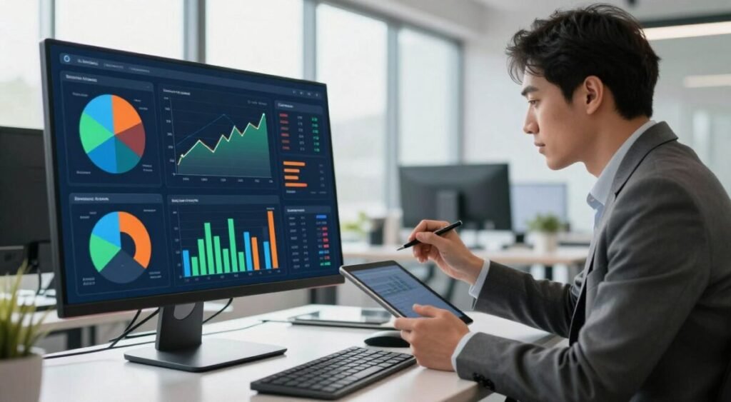A modern data analytics dashboard displayed on a sleek, ultramodern computer monitor. The foreground features vibrant graphs and charts showcasing performance metrics, with pie charts, line graphs, and bar graphs in vivid colors like blue, green, and orange. In the middle ground, a professional business analyst, dressed in smart casual attire, intently examines the data on the screen, using a tablet and a stylus for annotations. The background includes a stylish office environment with large windows, allowing natural light to flood the space, creating a bright and focused atmosphere. Soft shadows enhance the three-dimensional feel of the workspace, and the overall mood conveys professionalism and high-tech innovation.