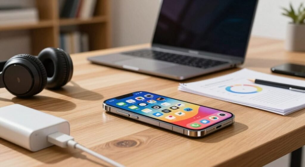 A modern, sleek smartphone model displayed on a stylish wooden table, surrounded by tech accessories like headphones and a portable charger. In the foreground, a close-up view of the smartphone shows its high-resolution screen displaying vibrant app icons. In the middle ground, a subtle depth-of-field effect blurs a modern laptop and notes with analytical graphs, suggesting a workspace dedicated to research and analysis. The background features soft-focused bookshelves, highlighting a cozy yet professional atmosphere. The lighting is bright and inviting, with natural light streaming in from a nearby window, casting soft shadows. The overall mood exudes professionalism and clarity, perfect for deeper insights into smartphone evaluations.