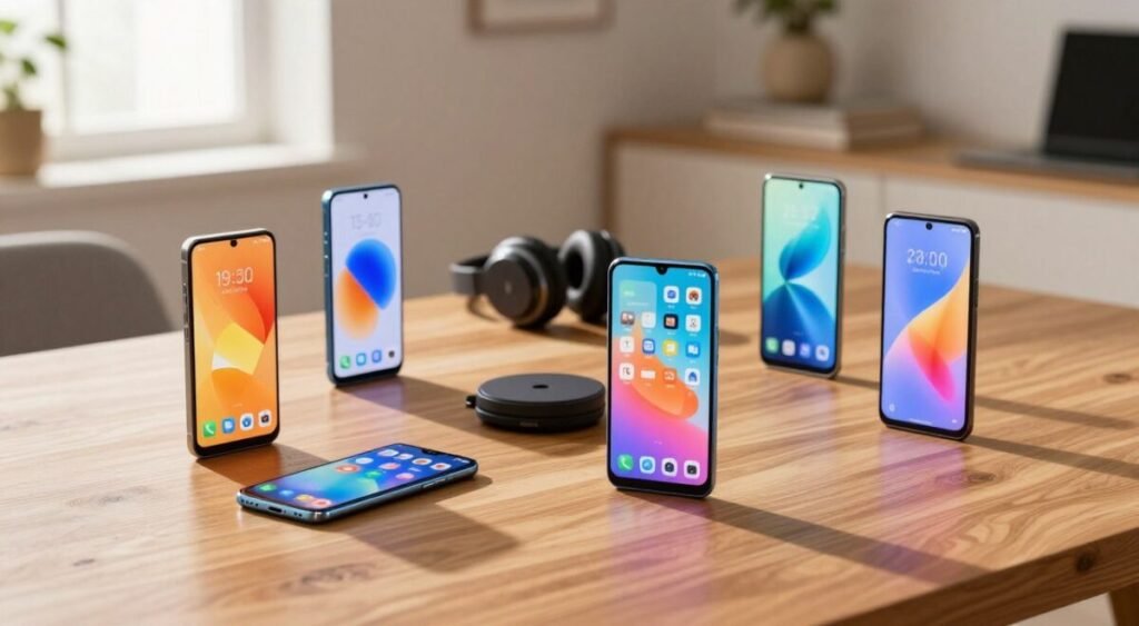 A modern, stylish arrangement of the best budget smartphones under R$1.500, set on a sleek wooden table. In the foreground, five smartphones with vibrant screens displaying colorful apps, angled slightly to reveal their sleek designs. The middle ground features subtle personal tech accessories like headphones and a wireless charger, adding context without distraction. The background includes a softly blurred, well-lit room with warm tones, suggesting a home office atmosphere. Soft, natural light filters through a nearby window, casting gentle shadows. The overall mood is inviting and tech-savvy, emphasizing affordability and quality in mobile technology while keeping the focus on the devices themselves.