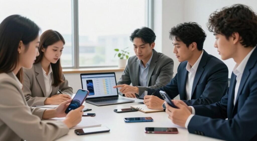 A modern workspace featuring a diverse group of individuals, all dressed in professional business attire, gathered around a sleek table filled with various smartphones under R$1,500. In the foreground, a young woman is actively comparing different models, holding one smartphone and analyzing it closely. In the middle, a man points towards a laptop displaying a comparison chart on smartphone specifications, while another colleague takes notes. The background showcases a bright, airy office environment with large windows, allowing natural light to flood the space, enhancing the focus on collaboration. The overall mood is dynamic and professional, embodying a sense of informed decision-making and teamwork.