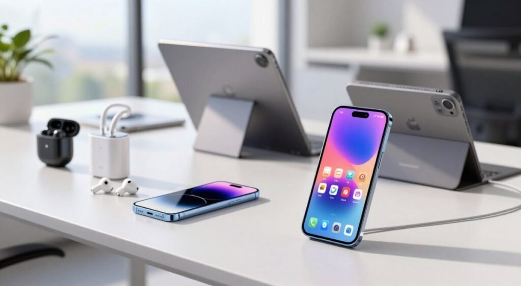 A modern workspace featuring a variety of sleek, high-end smartphones and mobile devices as the main focus. In the foreground, showcase a newly released smartphone with a vibrant screen displaying an app interface, reflecting dazzling colors. To the left, include an assortment of accessories like wireless earbuds and portable chargers, emphasizing the latest designs and technology. In the middle ground, an elegant tablet is propped on a stylish stand, while the background features a soft-focus view of a contemporary office environment with natural light streaming in through large windows. Use bright, natural lighting to create a fresh and innovative atmosphere, enhancing the technological theme. Opt for a slightly elevated angle to capture the devices from a dynamic perspective, spotlighting their sleek design and functionality.