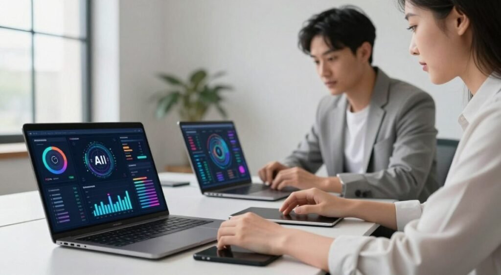 A modern workspace featuring several sleek notebooks displaying artificial intelligence interfaces. In the foreground, two notebooks are opened, showcasing vibrant, dynamic AI analytics dashboards with colorful graphs and data visualizations. In the middle, a professional in modest business attire interacts with the notebooks, their expression focused and engaged. The background features a minimalist office environment with soft focus, natural light streaming through a large window, creating a bright and inspiring atmosphere. The overall mood is innovative and technological, suggesting a glimpse into the future of AI integration in personal computing. The scene is captured at eye level, emphasizing the notebooks and their advanced features.