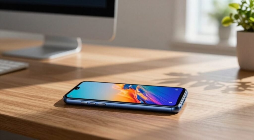 A sleek Infinix smartphone display showing vibrant colors and sharp details, positioned on a polished wooden surface. In the foreground, the phone is angled slightly to showcase its high-resolution screen filled with a visually stunning landscape image, highlighting the quality of the display. The middle ground features subtle reflections of ambient light, enhancing the luxurious feel of the scene. In the background, a softly blurred setting emphasizes a modern workspace with a hint of greenery, creating a fresh and inviting atmosphere. Natural daylight streams in from the right, casting gentle shadows that add depth to the composition. The overall mood is one of sophistication and clarity, focusing on the visual experience of technology.