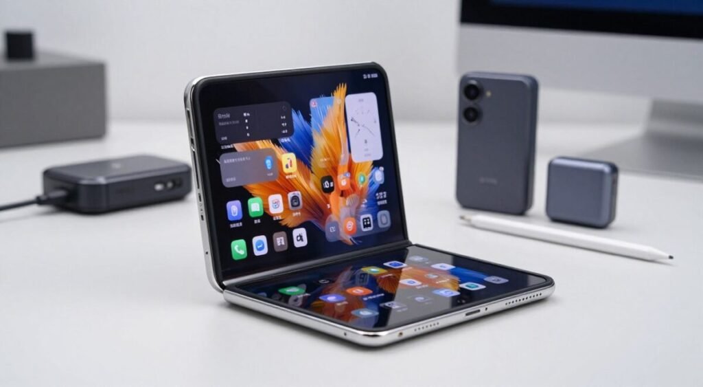 A sleek, futuristic foldable smartphone is displayed prominently in the foreground, showcasing its open screen with vibrant, dynamic apps appearing. The device features a glass finish with metallic edges, reflecting the light. In the middle ground, a set of innovative accessories, such as a compact portable charger and a stylus, are arranged artfully to highlight their compatibility with the smartphone. The background should be a modern, minimalistic workspace with soft, diffused lighting that creates a professional atmosphere. Use a shallow depth of field to keep the focus on the smartphone and accessories, while subtly blurring the background. The overall mood should convey innovation and cutting-edge technology, emphasizing the exclusivity and advanced features of the foldable phone.