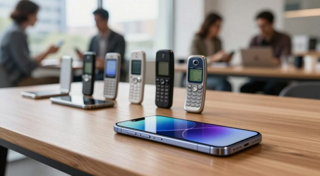 A sleek futuristic smartphone design on a polished wooden desk in the foreground, showcasing innovative features and a vibrant display. In the middle ground, various generations of mobile phones are elegantly arranged, from classic brick models to modern, slim devices, highlighting the evolution of technology. The background features a soft-focus urban landscape with people engaged in social interactions, illustrating the transformative impact of mobile phones on communication. The scene is illuminated by soft, natural lighting, creating a warm, inviting atmosphere, while a shallow depth of field adds a professional, polished look. The image conveys a sense of progression and connectivity that mobile phones have fostered in society over the years.