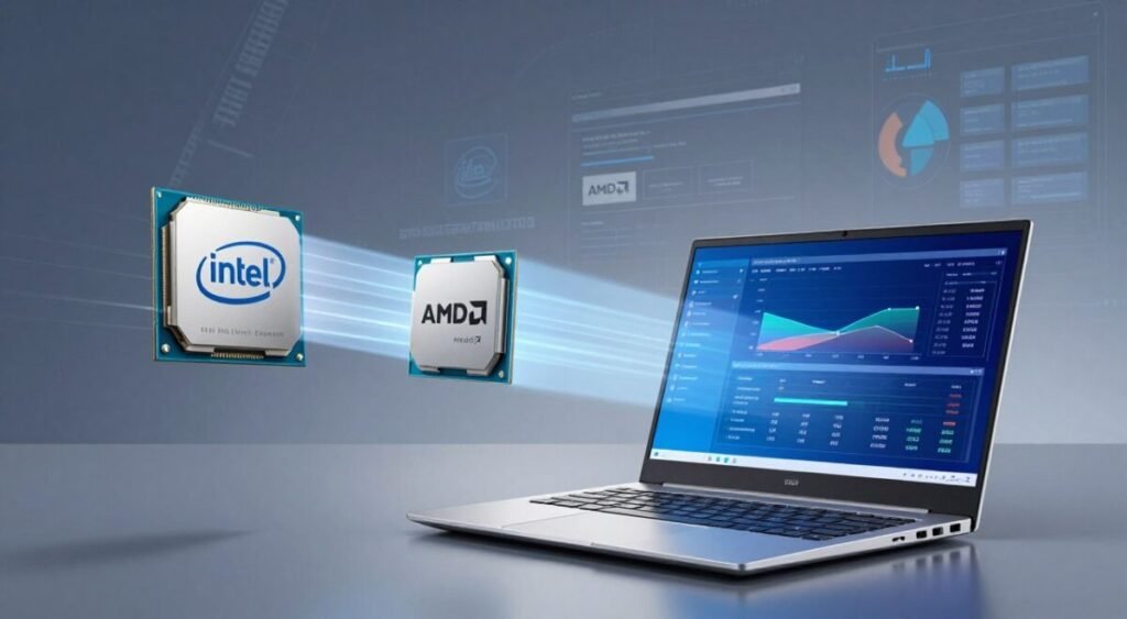 A sleek, modern digital illustration comparing the performance of notebook processors, focusing on multitasking and graphics capabilities. In the foreground, showcase a high-tech laptop with a vibrant screen displaying performance graphs and metrics. The middle layer features stylized icons representing different processors, like Intel and AMD, highlighted with beams of light to indicate speed. The background should include subtle abstract representations of software applications and multitasking scenarios, giving a sense of dynamic speed and efficiency. Use soft, professional lighting to enhance the technical feel, with a focus on cool colors like blue and silver to evoke a high-tech atmosphere. The composition should feel balanced and informative, aimed at a tech-savvy audience.