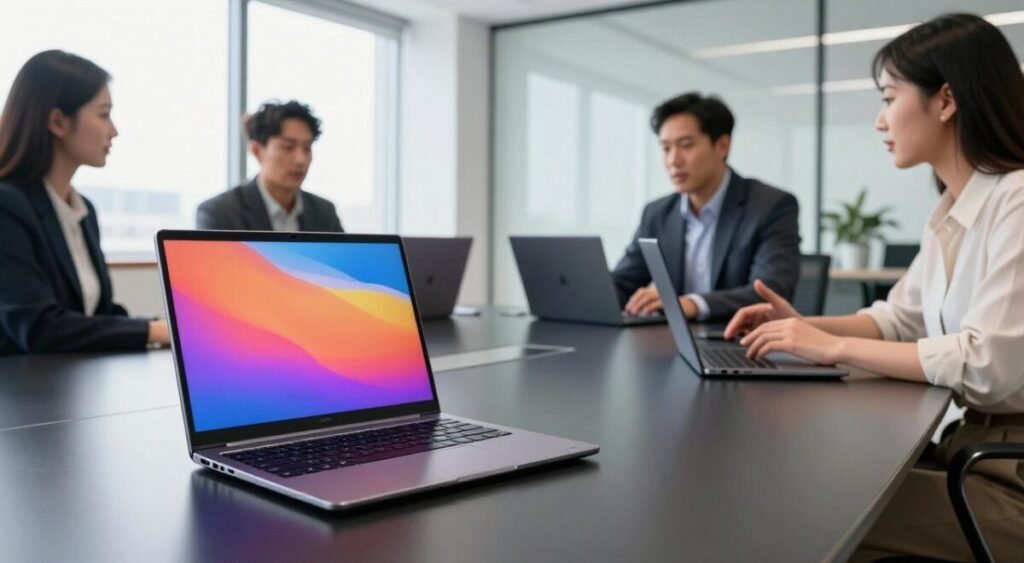 A sleek, modern display of the Samsung Galaxy Book 6 line, showcasing three different models arranged on a polished black conference table. The foreground features a close-up of the Galaxy Book 6, emphasizing its thin profile and vibrant screen, with reflections of soft, ambient light highlighting its design. In the middle, users in professional attire are engaging with the laptops, with a diverse group featuring two men and one woman, deep in conversation about performance metrics. The background captures a bright, airy office space with large windows letting in natural light, creating an inviting atmosphere. The image has a crisp, clear focus with a slight depth of field to emphasize the devices, evoking a sense of innovation and technological advancement.