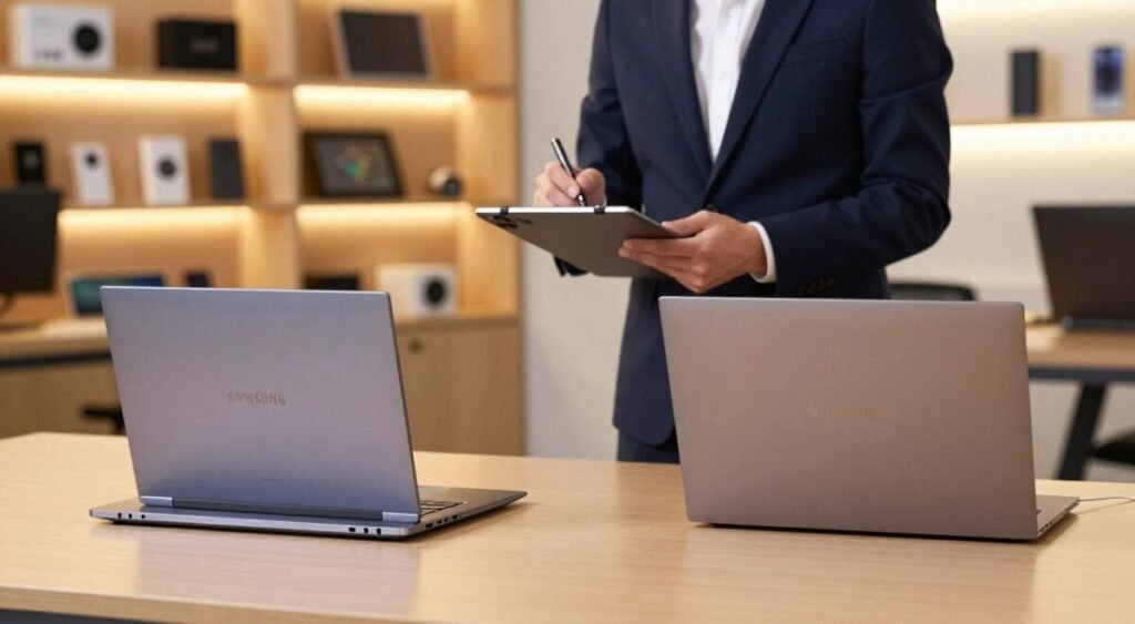 A sleek office environment showcasing a comparison of high-end laptops. In the foreground, two laptops are prominently displayed: the Samsung Galaxy Book6 and a competing model from a well-known brand. Both devices should have clear, modern designs with visible branding. In the middle ground, a business professional in a sharp suit examines the laptops, taking notes on a digital tablet. The background features blurred shelves filled with tech gadgets and gadgets in a softly lit, contemporary office. The lighting should be warm and inviting, creating a focused atmosphere for comparison. Showcase reflections and slight depth of field to add detail and realism to the scene. The overall mood is professional and analytical, perfect for a technology review.