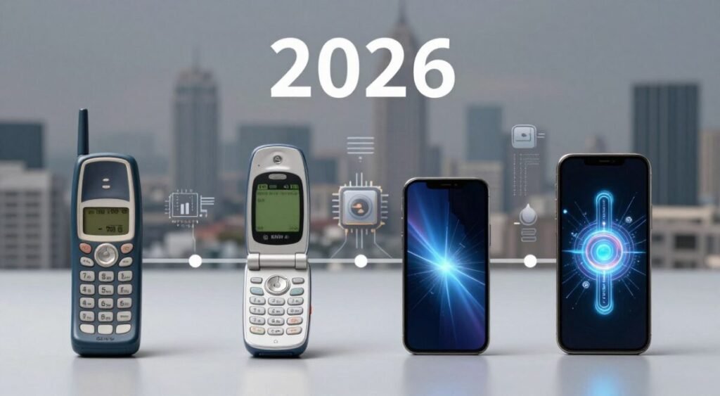 A timeline showcasing the evolution of mobile phones from the bulky, brick-like designs of the 1980s to sleek, cutting-edge quantum devices of 2026. In the foreground, place four distinct mobile phones arranged chronologically: a classic 1980s brick phone, a flip phone from the early 2000s, a modern smartphone, and a conceptual quantum phone glowing with futuristic elements. The middle ground features an abstract representation of technological advancements, with chips, signals, and digital icons subtly blending in. The background is a blurred cityscape representing progress and connectivity. Use diffused lighting to create a sleek and modern feel, with a slight focus on the phones, maintaining a professional atmosphere that reflects innovation and celebration of technological history.