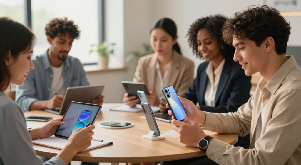 A vibrant, modern workspace scene showcasing a diverse group of people evaluating budget smartphones, all dressed in professional business attire. In the foreground, a young man is holding a smartphone, admiring its features, while a woman next to him takes notes on a sleek tablet. In the middle, a round table displays various smartphones under soft, warm lighting that enhances the devices’ colors and design. The background should hint at a tech-savvy office with large windows letting in natural light, creating an inviting atmosphere. Focus on clarity and detail in the smartphones’ designs, capturing their unique characteristics. The overall mood is collaborative and energetic, ideal for a tech evaluation setting.