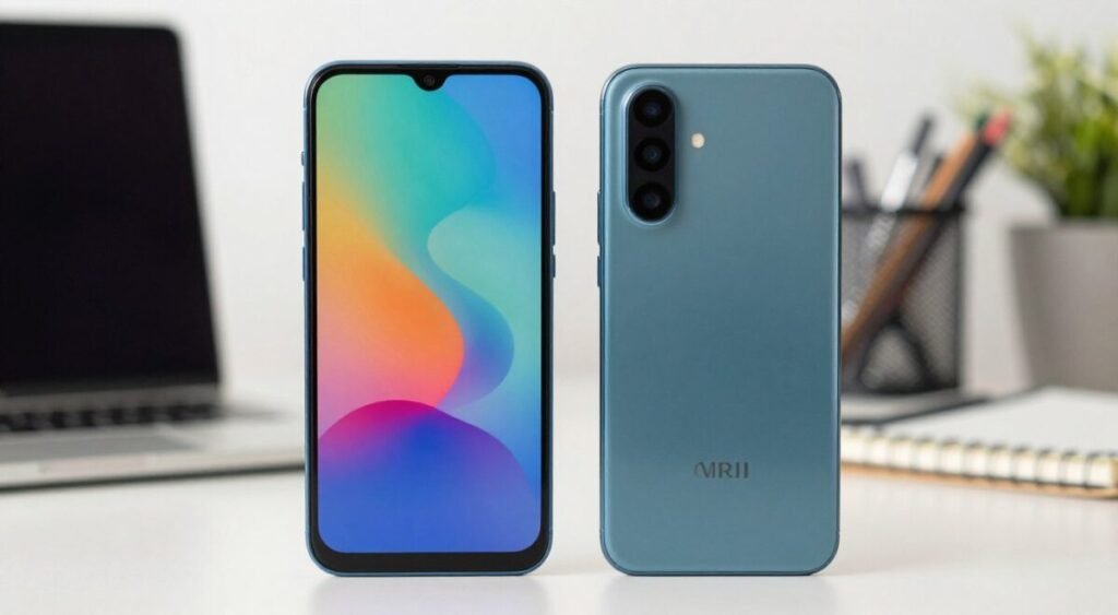 A balanced comparison of smartphone cameras showcasing both front and rear views. In the foreground, prominently feature two smartphones side by side, one displaying its front camera and the other its rear camera capabilities. Each phone highlights its camera design and lens features. In the middle ground, have a subtle soft-focus bokeh effect to emphasize the phones, with light reflecting off their screens to showcase vibrant colors. In the background, create an aesthetically pleasing workspace, hinting at technology with elements like a laptop and notebook, illuminated by soft, natural lighting to create an inviting atmosphere. The overall mood should be professional yet accessible, ideal for tech enthusiasts. The composition should be clean and modern, focusing solely on the phones without any overlays or distractions.