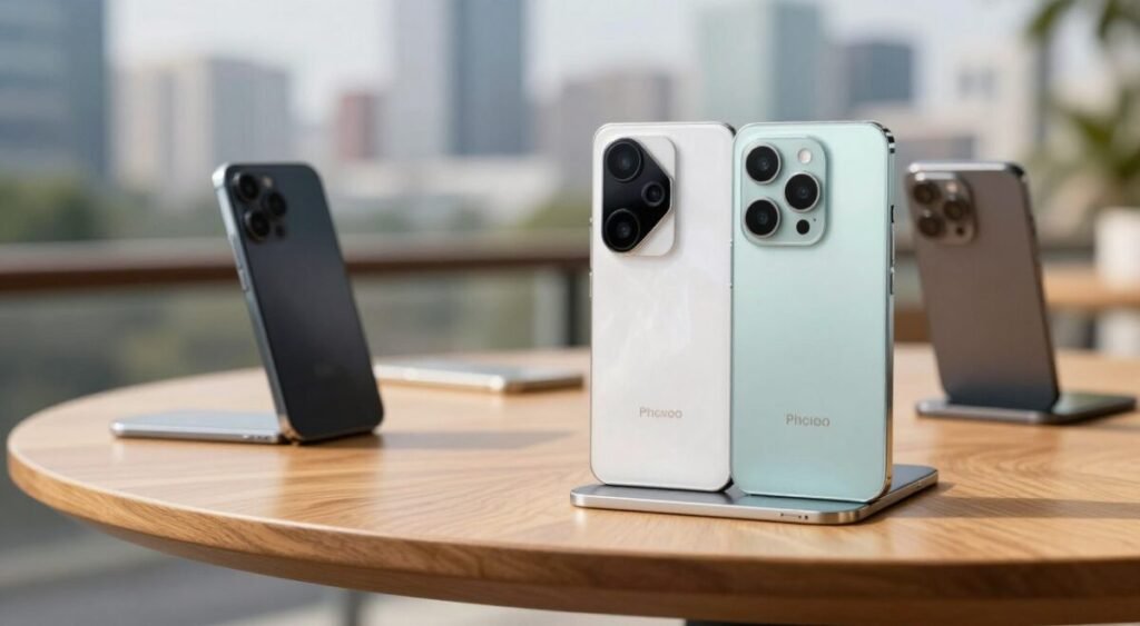 A close-up composition showcasing a variety of smartphones with advanced camera systems, emphasizing sleek designs and modern aesthetics. In the foreground, two premium smartphones, one with a triple camera setup and another with a dual-lens system, are highlighted. The middle features a stylish wooden table, adding a warm touch. In the background, a soft-focus urban landscape is visible, creating a vibrant and dynamic atmosphere. The lighting is bright yet soft, mimicking natural daylight to accentuate the devices' details. The photograph captures a sense of innovation and trendiness, appealing to technology enthusiasts looking for high-quality camera phones. The image has no text or watermarks, focusing solely on the smartphones and their features.